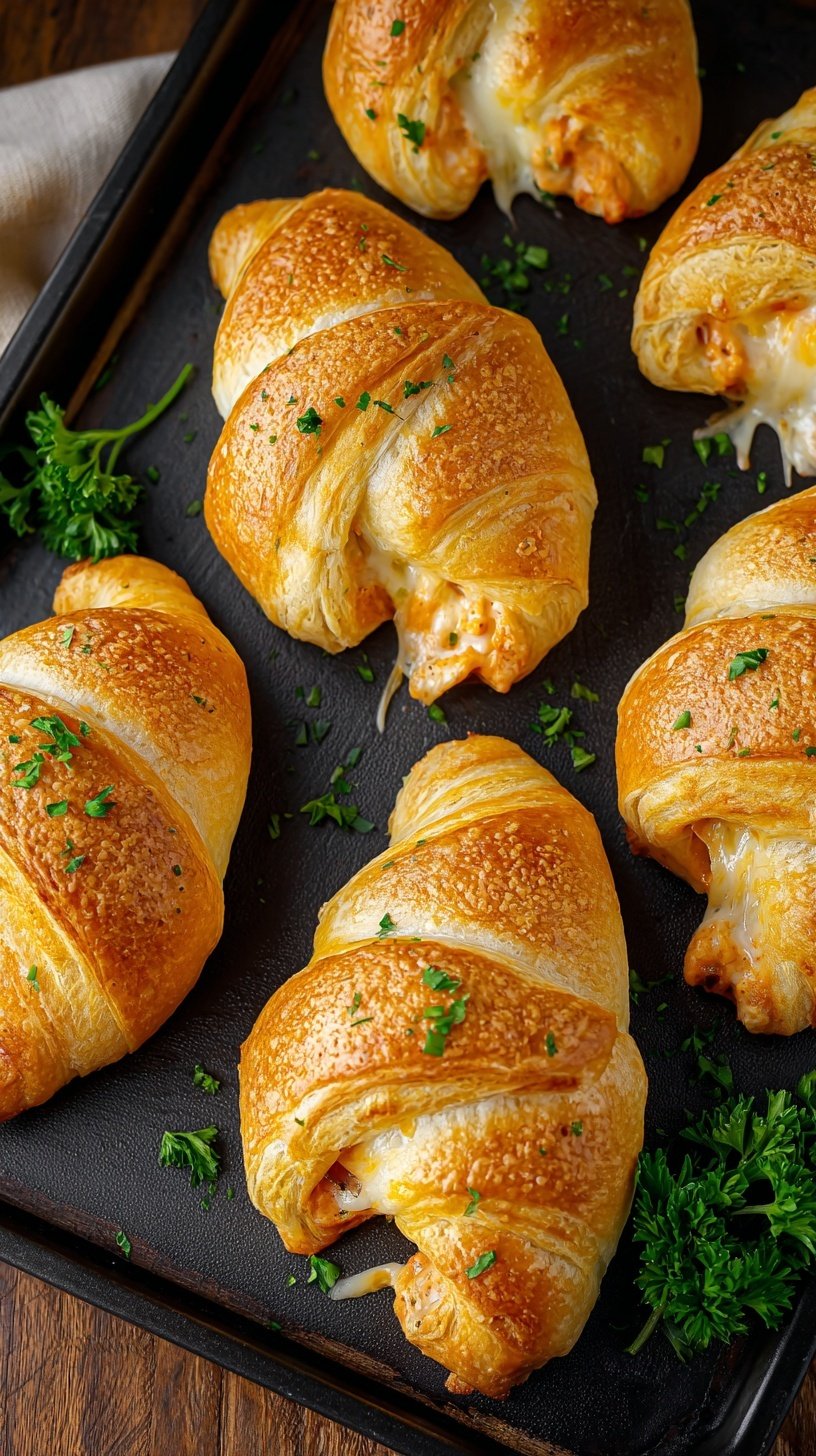 Golden brown crescent rolls filled with melted cheese and shredded chicken on a parchment-lined baking sheet.