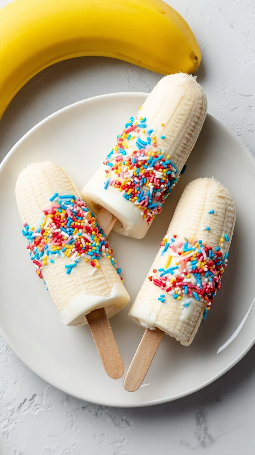 Four frozen banana yogurt pops coated in granola on a parchment-lined tray.