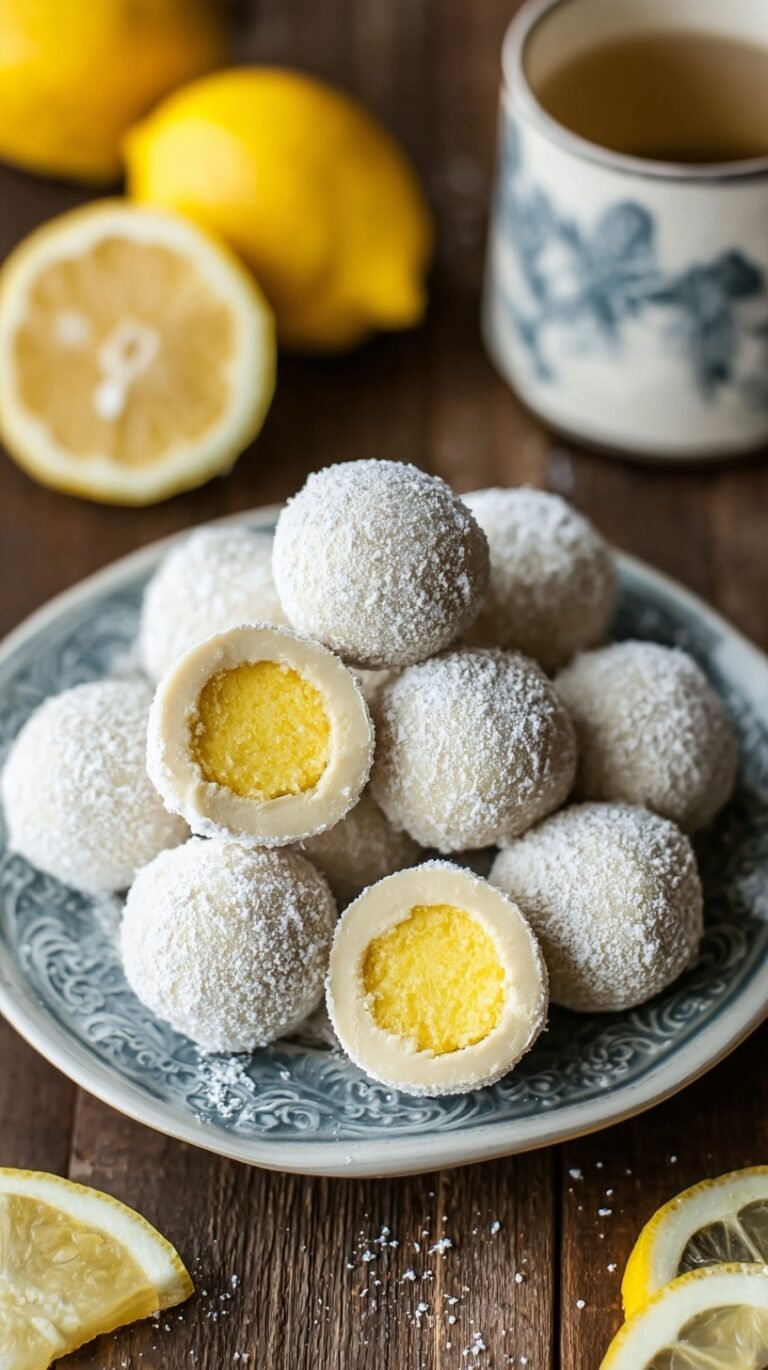 A plate of white chocolate lemon truffles coated in powdered sugar