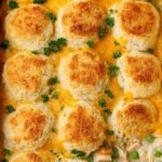 A golden brown chicken biscuit casserole in a glass baking dish with melted cheese and fresh herbs