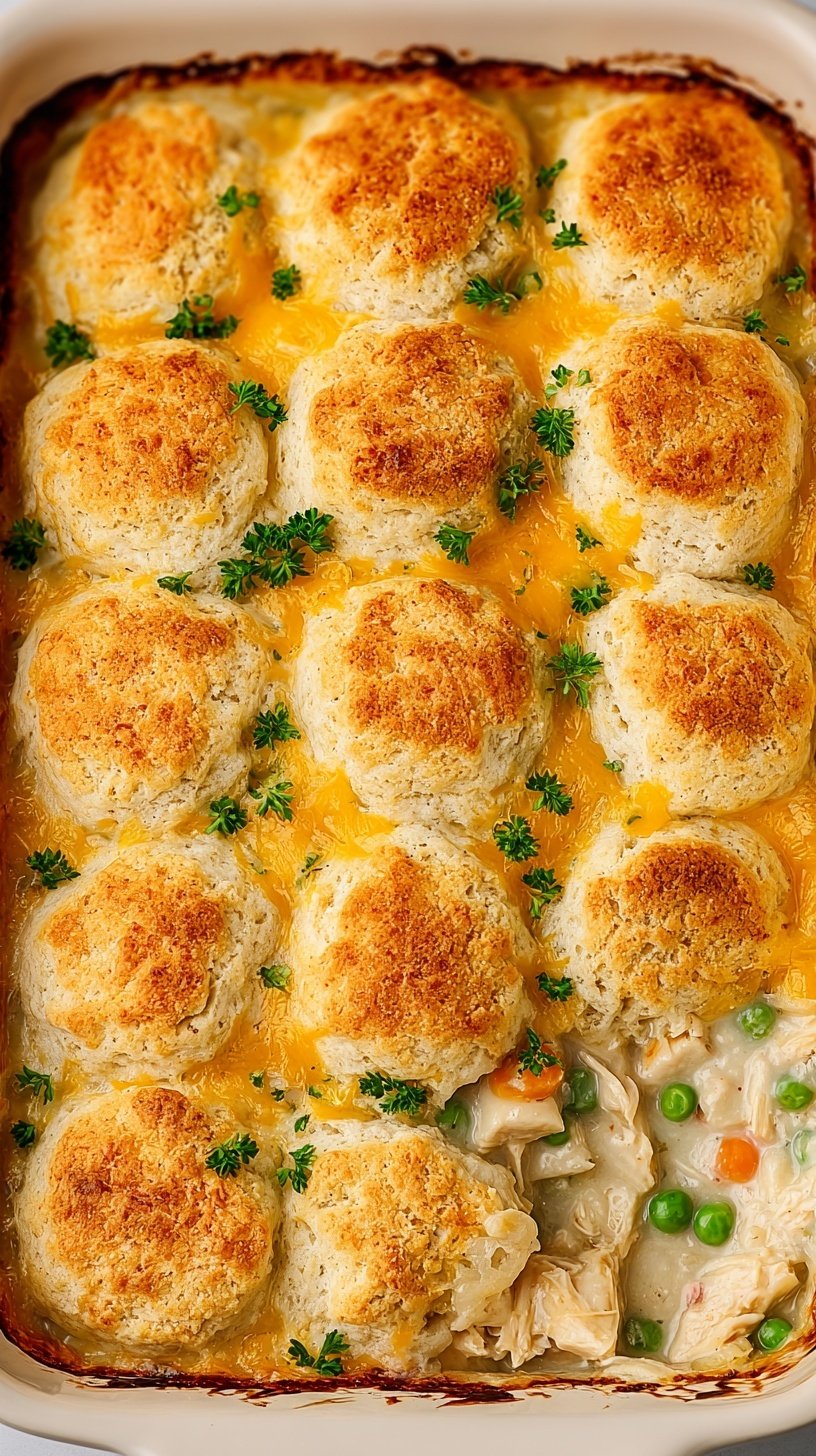 A golden brown chicken biscuit casserole in a glass baking dish with melted cheese and fresh herbs