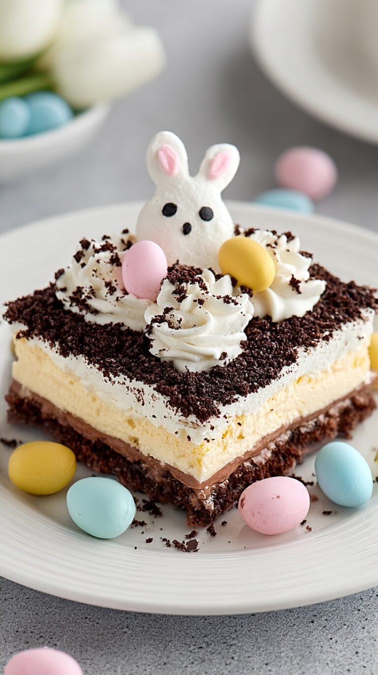 A tiered chocolate lasagna dessert topped with pastel candy eggs and sprinkles in a glass dish.
