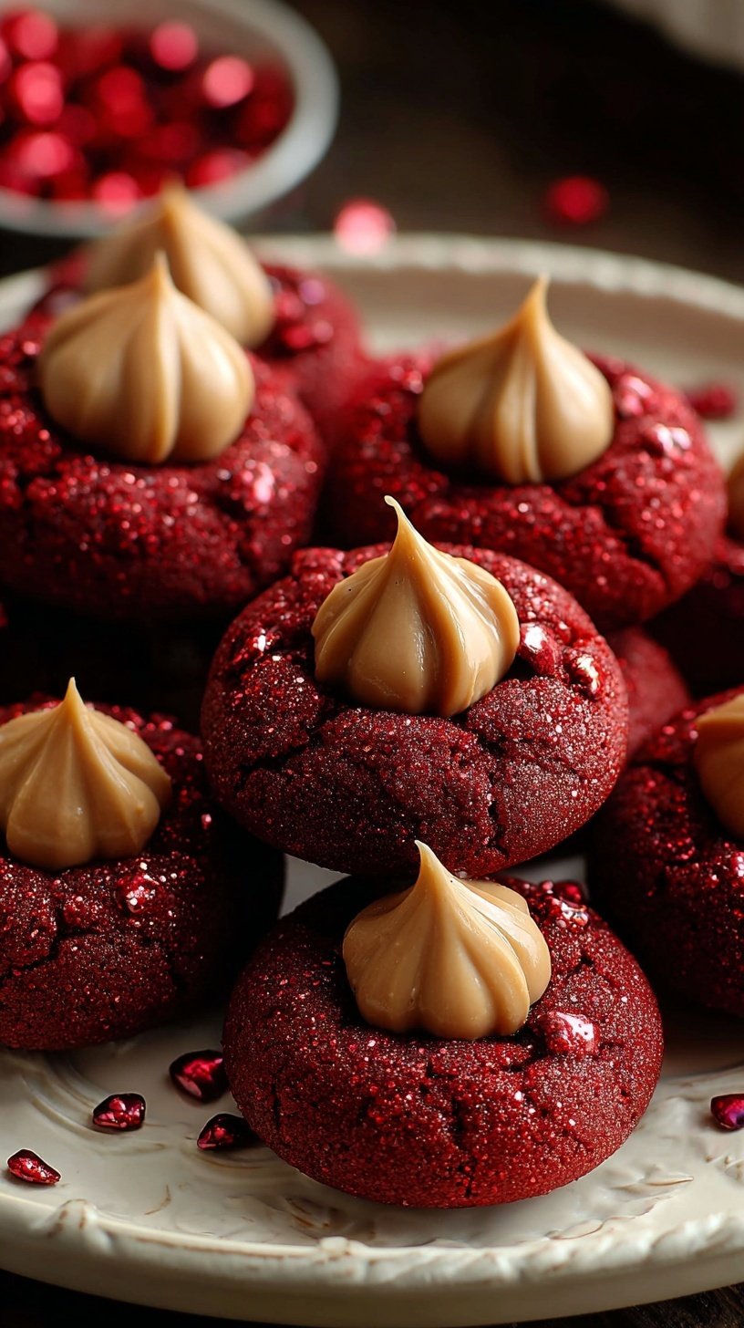 A tray of bright red velvet cookies topped with milk chocolate kisses and rolled in sparkling sugar