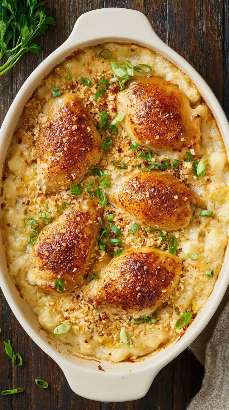 A creamy chicken and rice casserole in a white baking dish topped with savory onion soup mix.