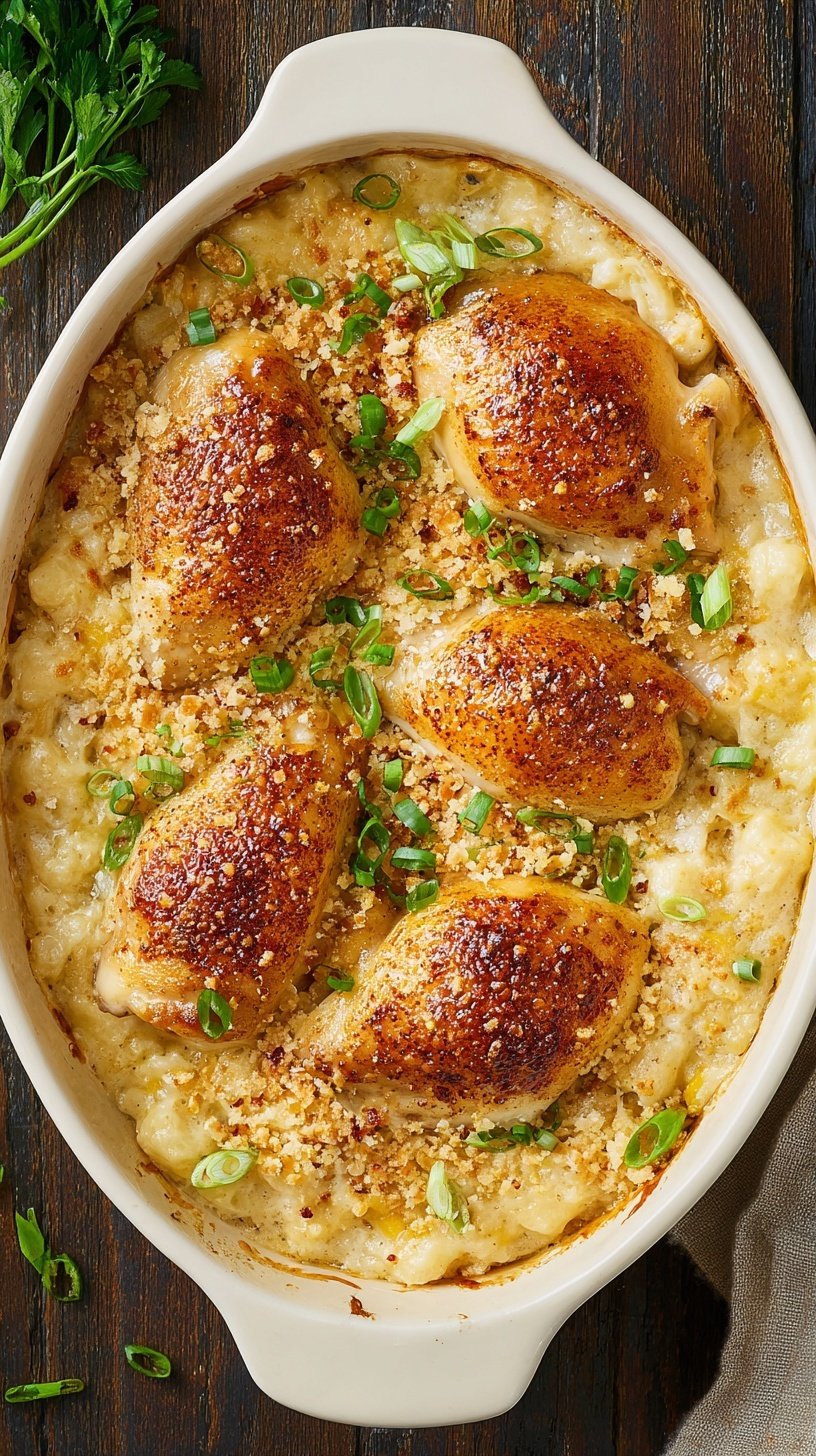 A creamy chicken and rice casserole in a white baking dish topped with savory onion soup mix.