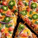 Two stacked crispy tortillas filled with beef and beans, topped with melted cheese, olives, and tomatoes.