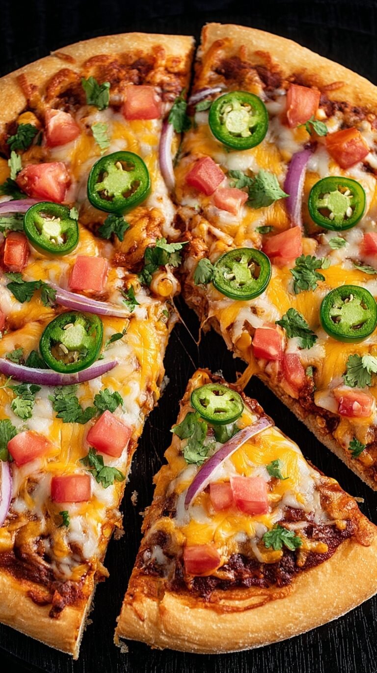 Two stacked crispy tortillas filled with beef and beans, topped with melted cheese, olives, and tomatoes.