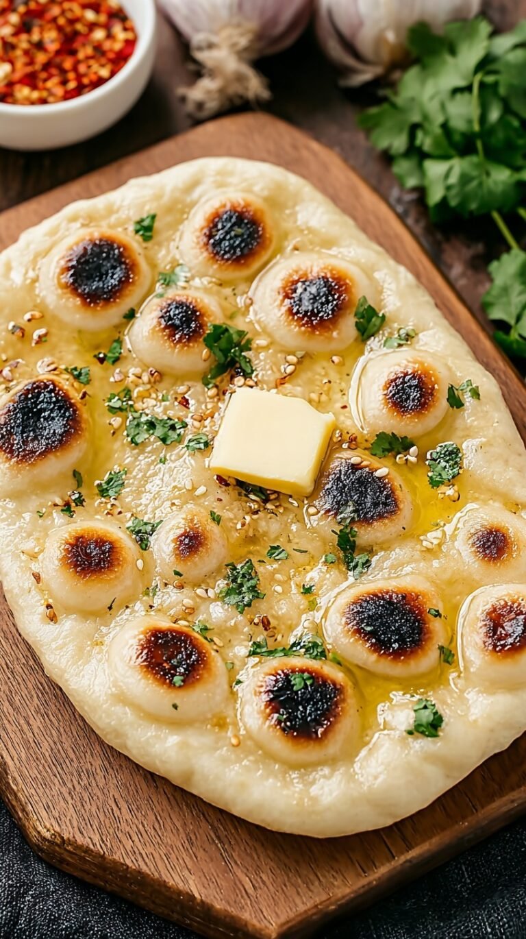 Soft and charred homemade naan bread brushed with butter and cilantro in a cast iron skillet