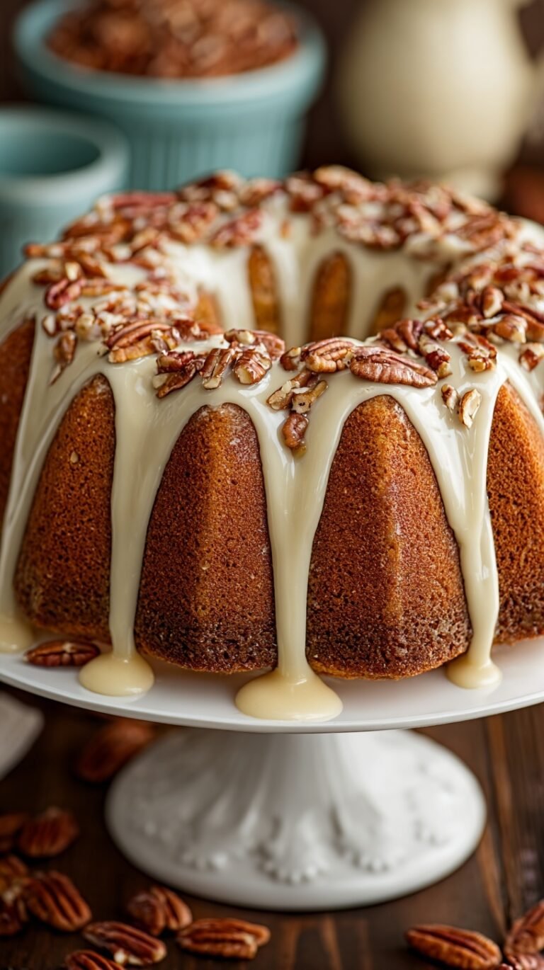 A golden brown butter pecan pound cake on a wire rack with toasted pecans visible in the crumb.