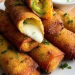 Golden brown crispy egg rolls filled with jalapeno and cream cheese on a serving platter