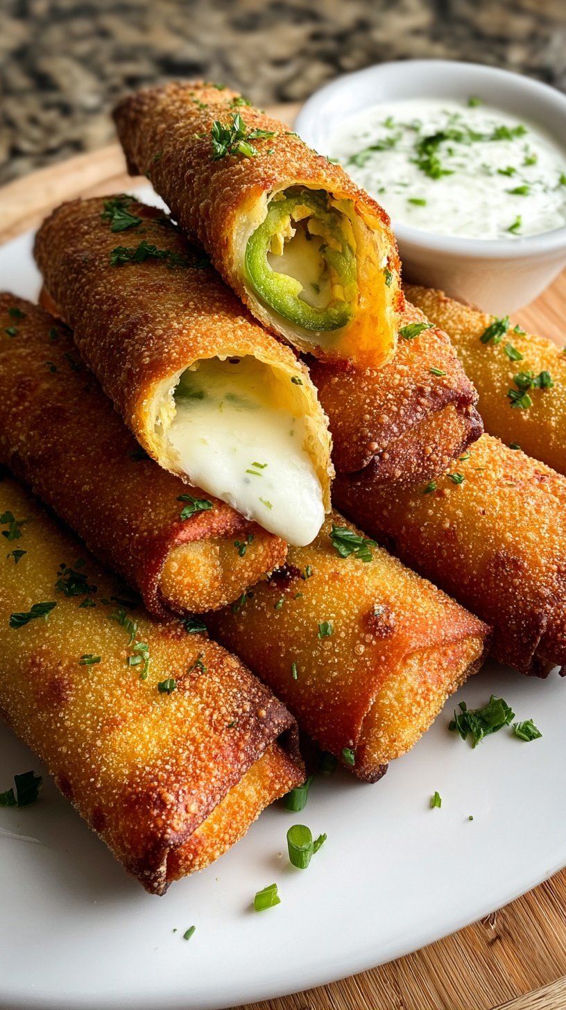 Golden brown crispy egg rolls filled with jalapeno and cream cheese on a serving platter
