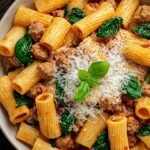 A large pot of creamy sausage rigatoni with wilted spinach and parmesan cheese