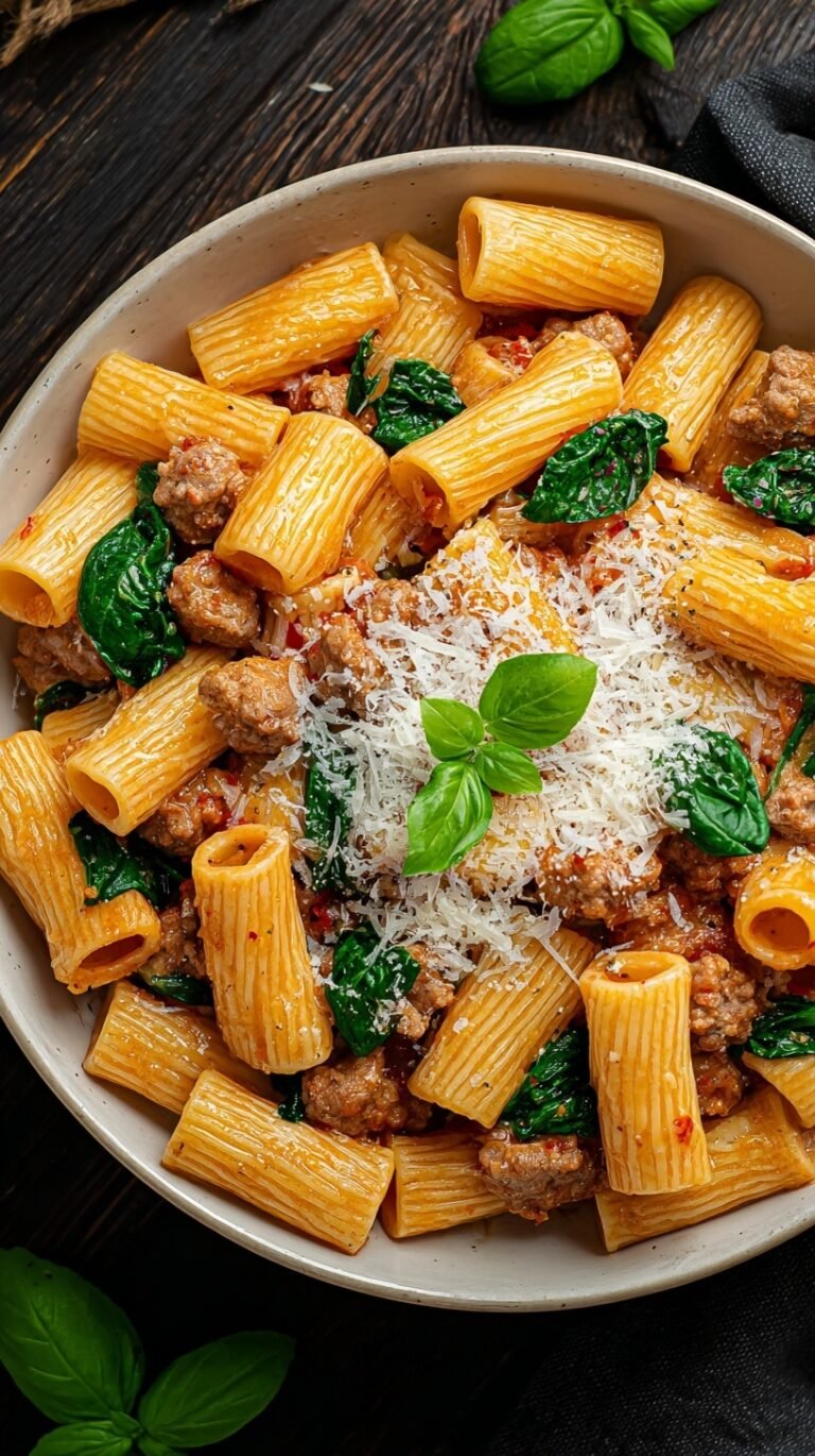 A large pot of creamy sausage rigatoni with wilted spinach and parmesan cheese