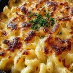 A baking dish filled with golden, bubbling ooey gooey mac and cheese with melted cheddar on top.