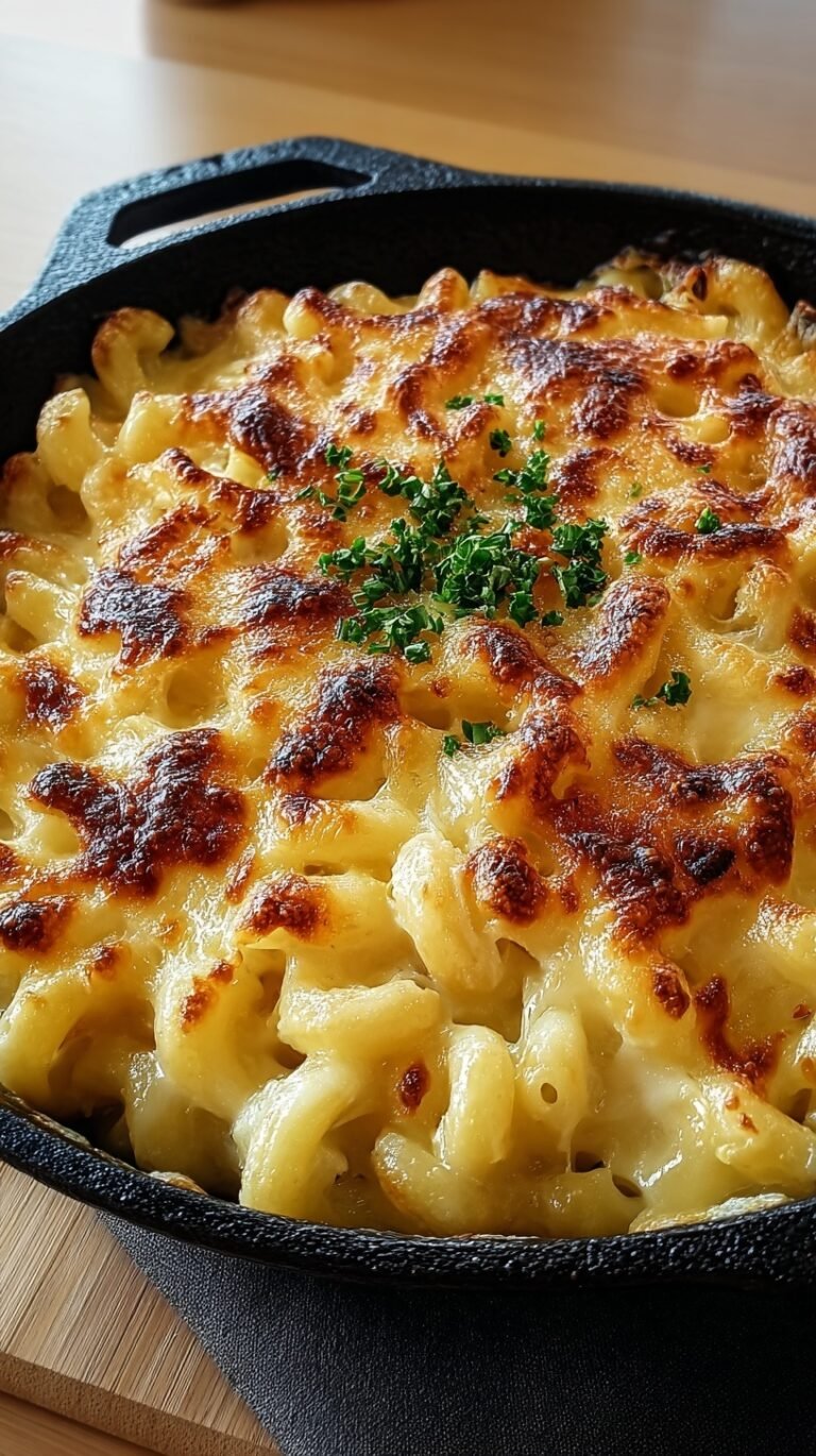 A baking dish filled with golden, bubbling ooey gooey mac and cheese with melted cheddar on top.