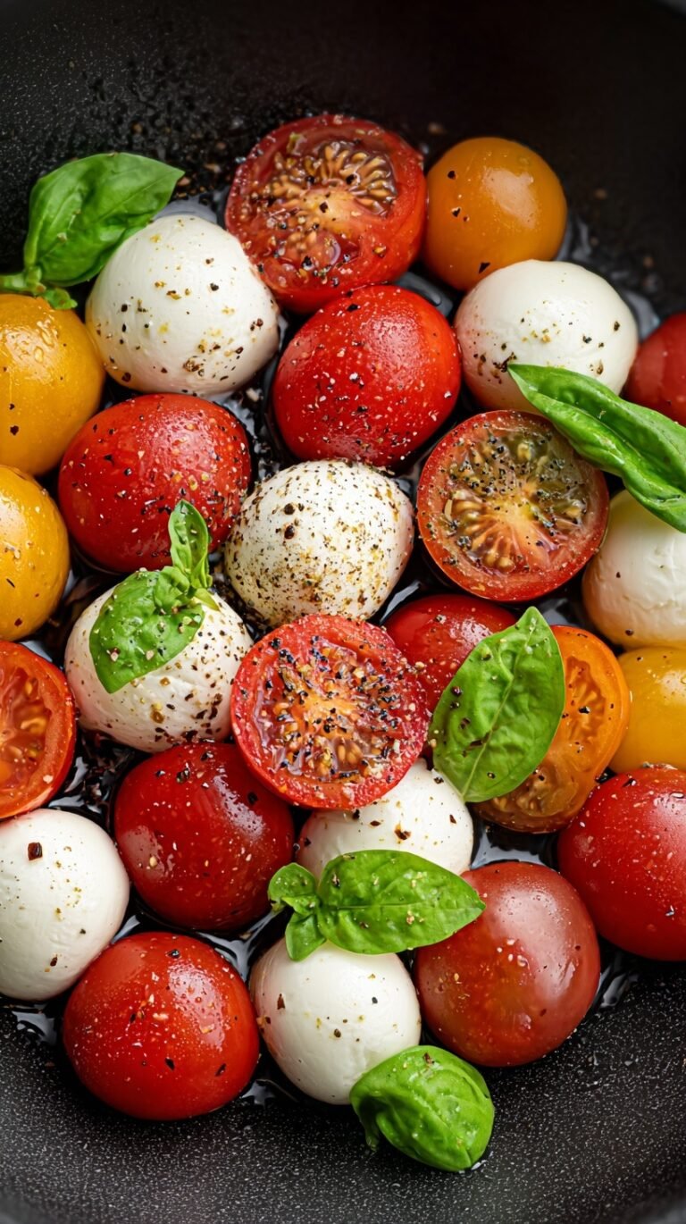 A platter of sliced mozzarella, ripe tomatoes, and fresh basil leaves drizzled with balsamic glaze.