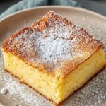 A close-up shot of a sliced ooey gooey butter cake with a golden crust and creamy center