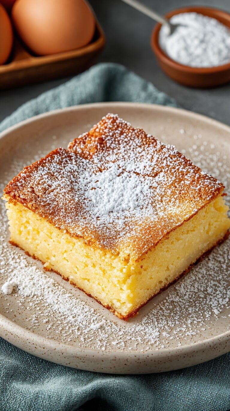 A close-up shot of a sliced ooey gooey butter cake with a golden crust and creamy center