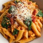 A bowl of creamy tomato spinach pasta with penne and parmesan cheese