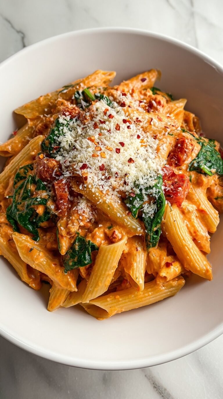 A bowl of creamy tomato spinach pasta with penne and parmesan cheese