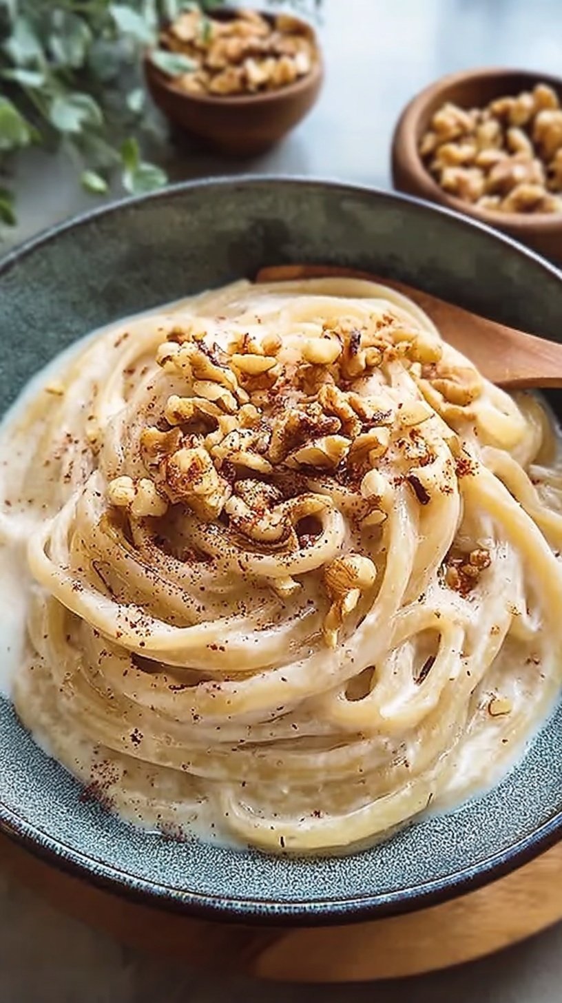 A warm bowl of trofie pasta coated in a creamy, pale walnut sauce topped with crushed nuts and fresh herbs.