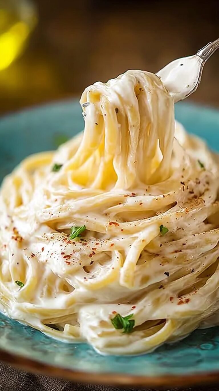 A bowl of silky spaghetti coated in a glossy cream cheese sauce with fresh parsley