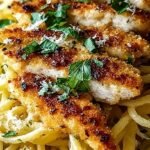 Golden crispy chicken cutlets sliced over a bed of lemon garlic spaghetti with fresh parsley