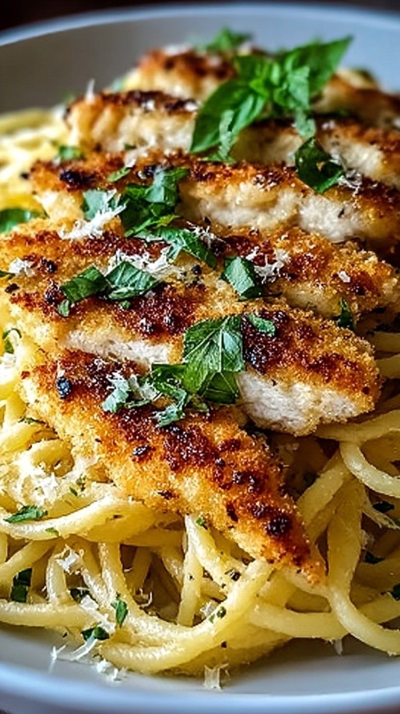 Golden crispy chicken cutlets sliced over a bed of lemon garlic spaghetti with fresh parsley