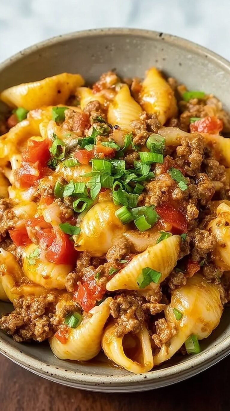 A skillet filled with creamy taco pasta shells, melted cheese, and fresh cilantro garnish.