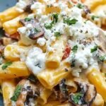A bowl of wide pappardelle pasta tossed with seared mushrooms and creamy ricotta cheese