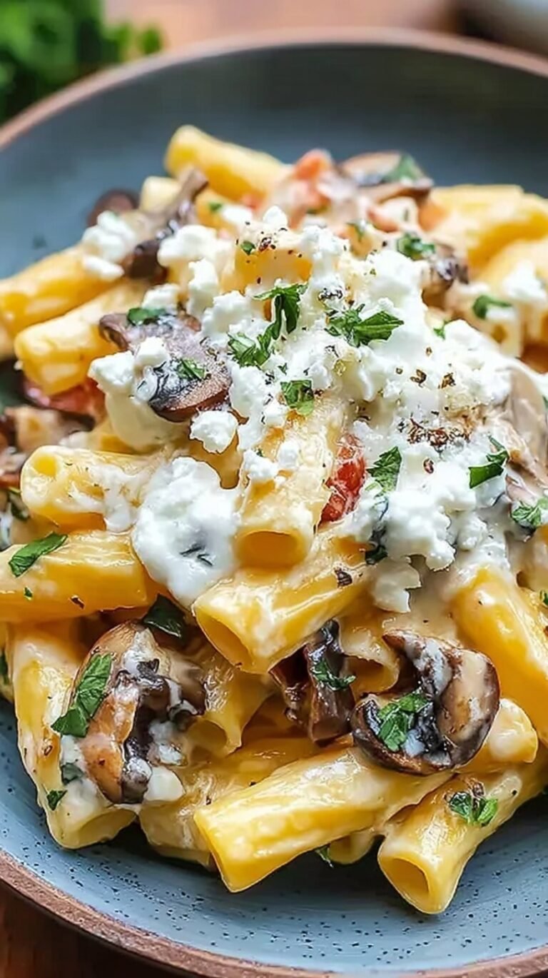 A bowl of wide pappardelle pasta tossed with seared mushrooms and creamy ricotta cheese