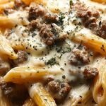 A skillet filled with creamy cheesy penne pasta and browned ground beef garnished with fresh parsley