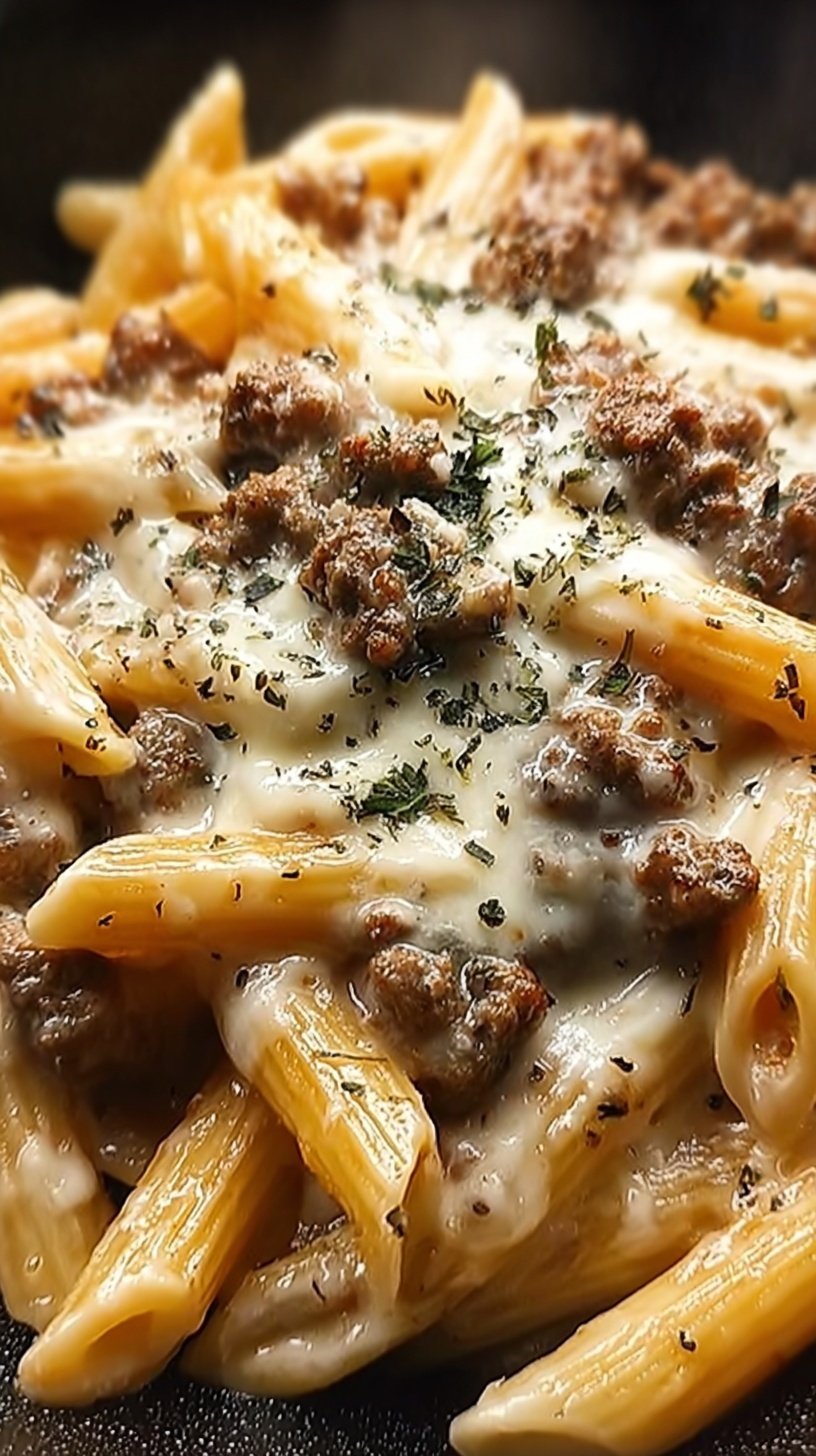 A skillet filled with creamy cheesy penne pasta and browned ground beef garnished with fresh parsley