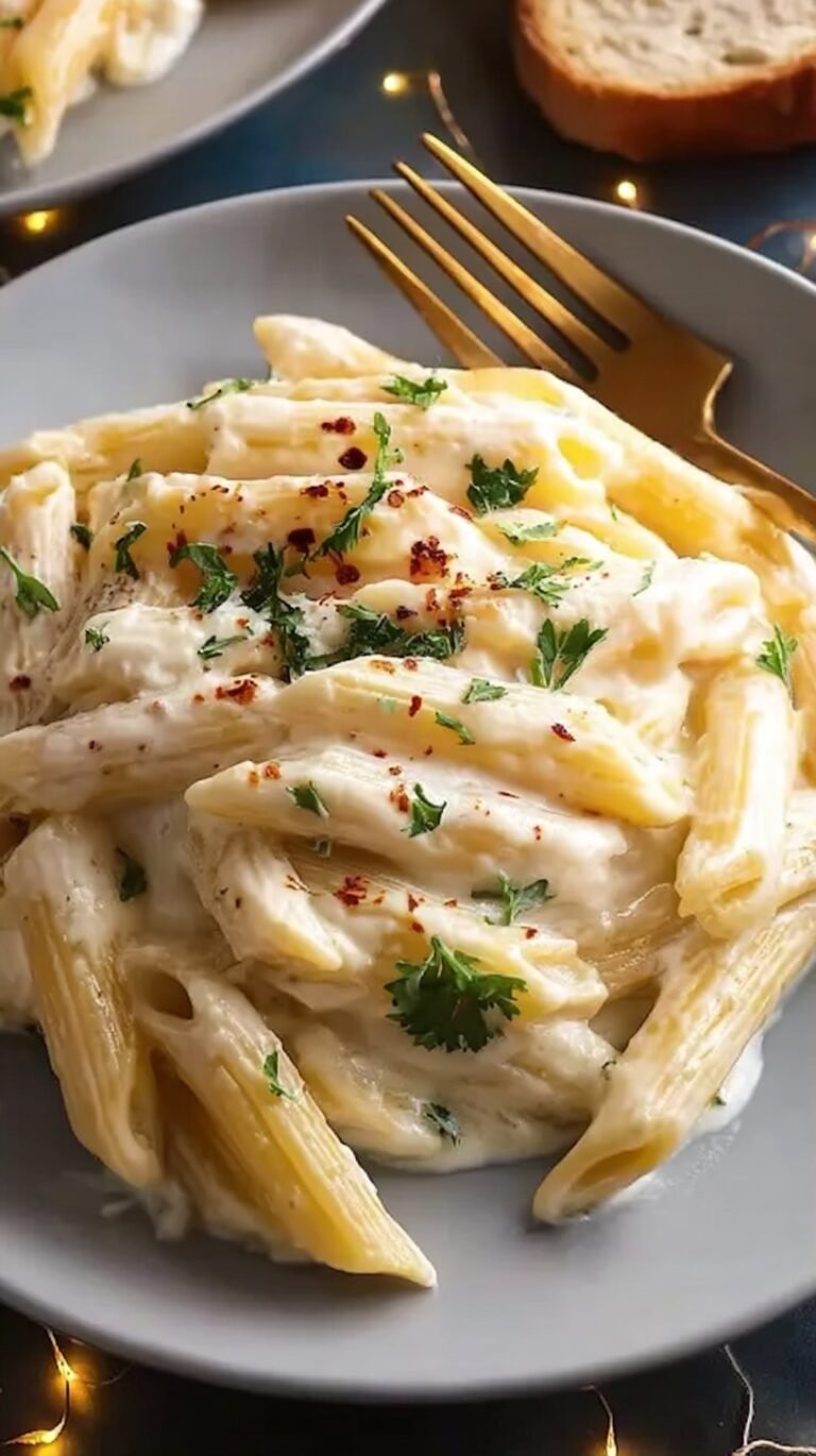 A bowl of creamy penne pasta with garlic, parmesan, and fresh parsley.