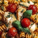 A bowl of chicken caprese pasta with melted mozzarella pearls, fresh basil, and balsamic glaze