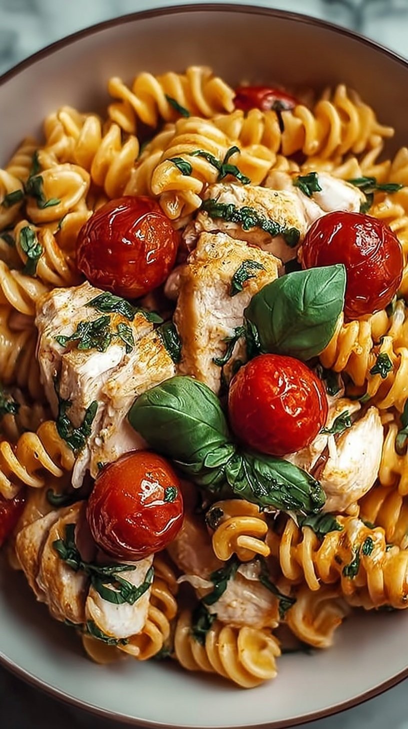 A bowl of chicken caprese pasta with melted mozzarella pearls, fresh basil, and balsamic glaze