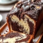 A sliced marble loaf cake showing beautiful chocolate and vanilla swirls on a wooden board.