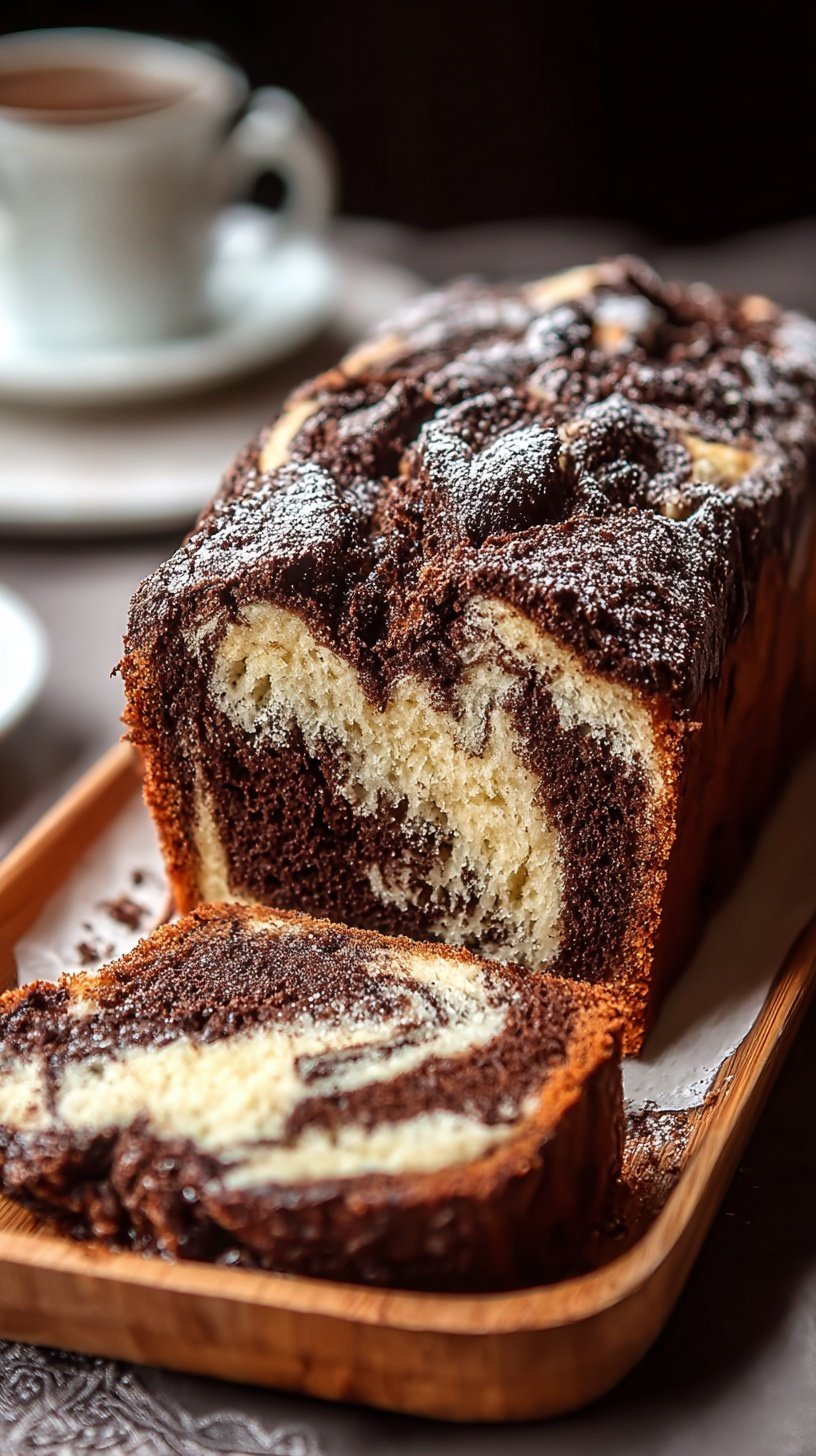 A sliced marble loaf cake showing beautiful chocolate and vanilla swirls on a wooden board.