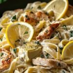 A white bowl filled with creamy penne pasta, golden chicken pieces, and charred artichoke hearts garnished with parsley.