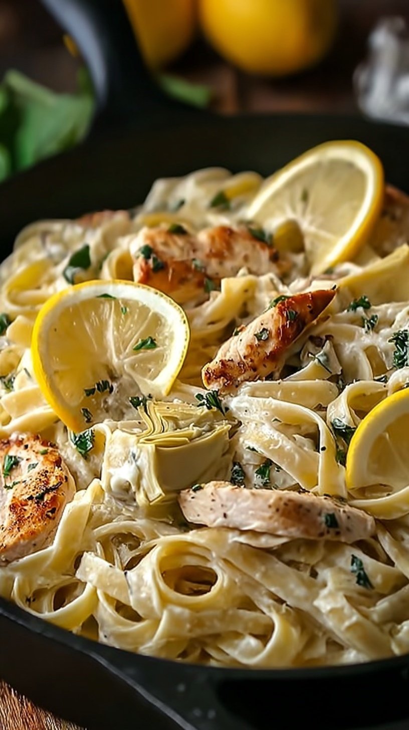 A white bowl filled with creamy penne pasta, golden chicken pieces, and charred artichoke hearts garnished with parsley.