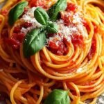 A steaming bowl of Tomato & Basil Spaghetti topped with fresh basil and grated parmesan cheese.