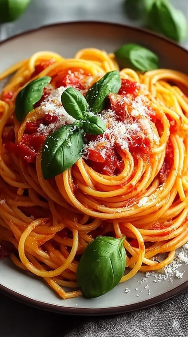 A steaming bowl of Tomato & Basil Spaghetti topped with fresh basil and grated parmesan cheese.