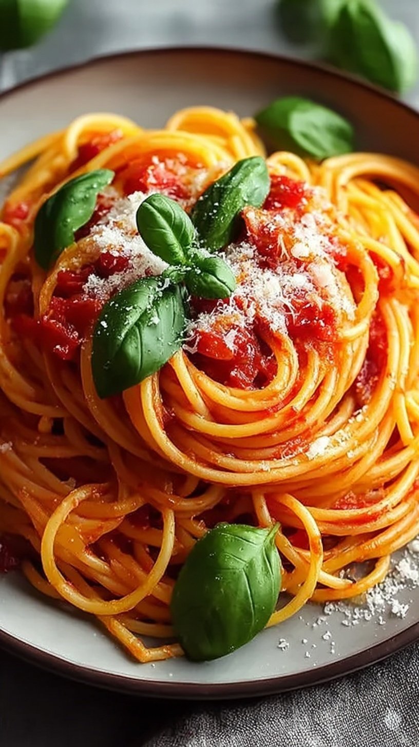 A steaming bowl of Tomato & Basil Spaghetti topped with fresh basil and grated parmesan cheese.