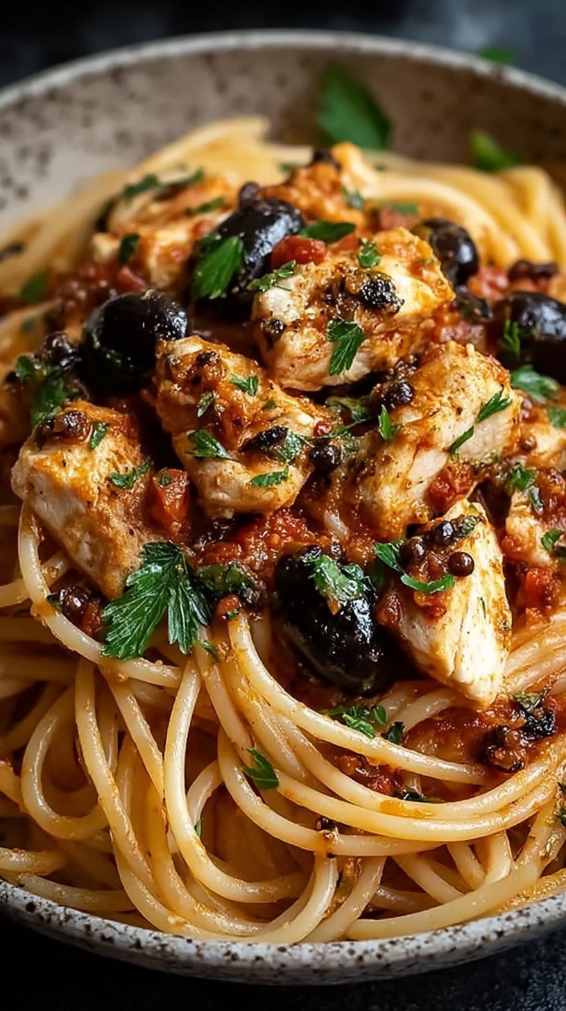 A white bowl filled with spaghetti, golden chicken pieces, black olives, and red tomato sauce topped with fresh parsley.