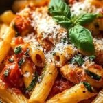 A bowl of spicy Chicken Arrabbiata Pasta with penne, golden chicken, and fresh parsley