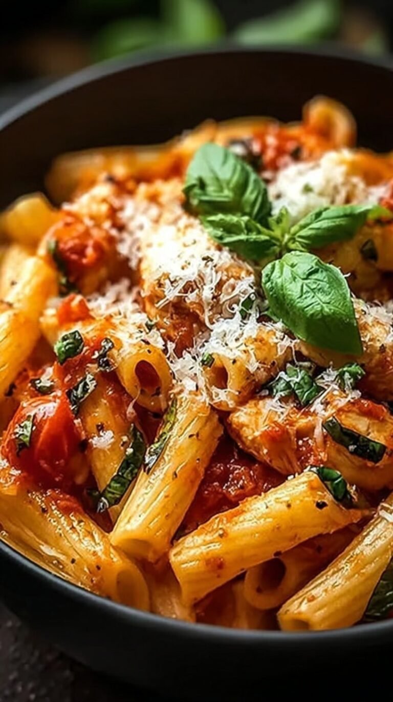 A bowl of spicy Chicken Arrabbiata Pasta with penne, golden chicken, and fresh parsley