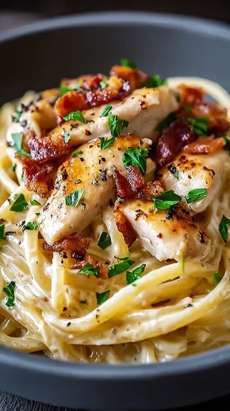 A bowl of creamy Chicken Carbonara Pasta with golden chicken and crispy pancetta