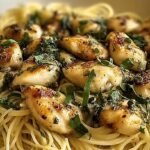Golden pan-seared chicken over linguine pasta with a lemon butter caper sauce and fresh parsley.