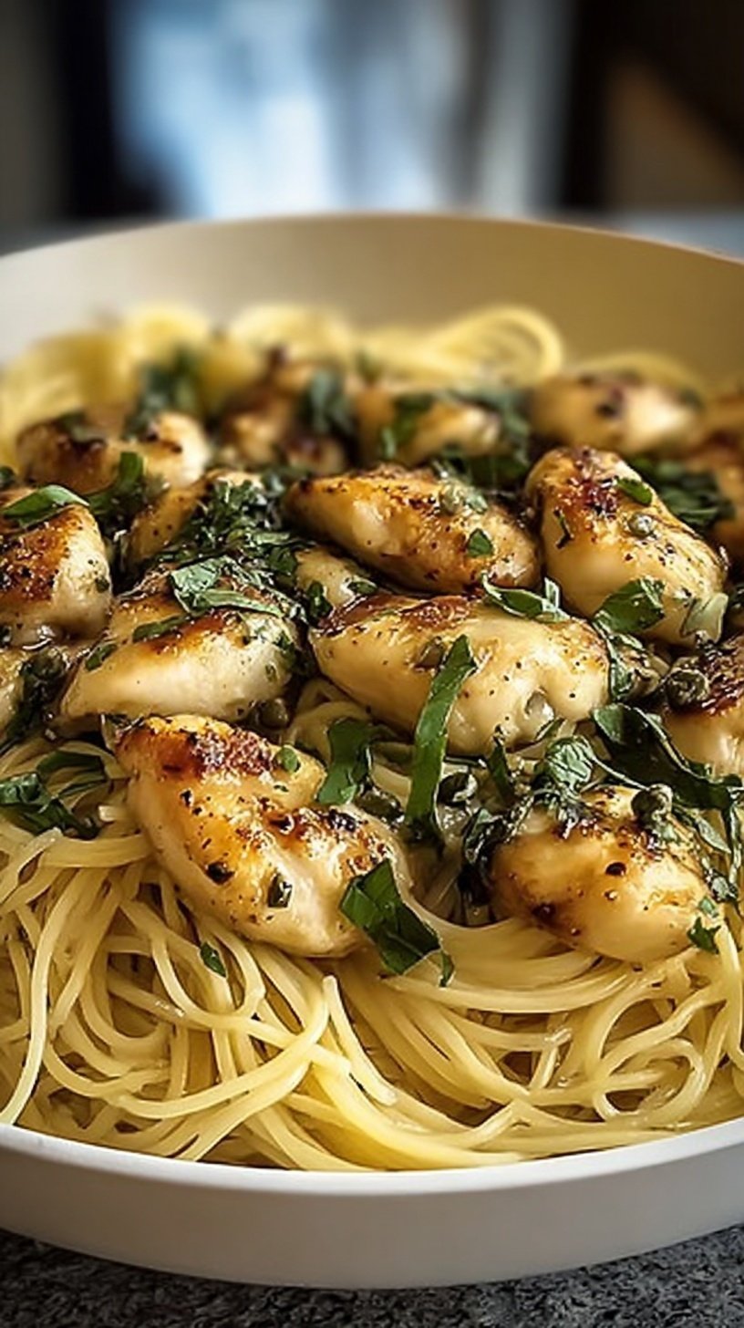 Golden pan-seared chicken over linguine pasta with a lemon butter caper sauce and fresh parsley.