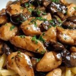 A large skillet filled with creamy Chicken Marsala Pasta, golden chicken pieces, sliced mushrooms, and fresh parsley.